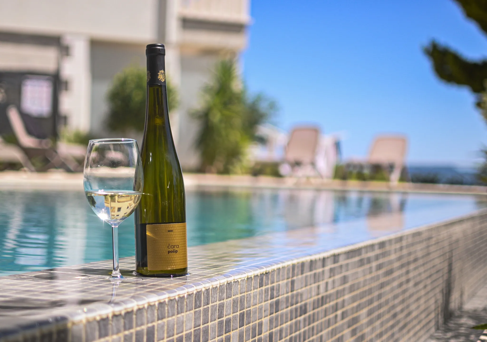 Wine tasting by the pool, with sun loungers and the sea in the background, Villa Carica